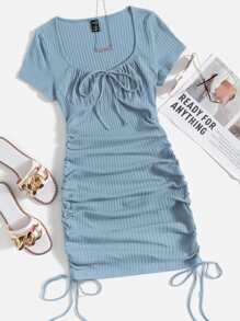 SHEIN EZwear 抽褶抽繩包臀連衣裙 - 霧霾藍 - 查看 1