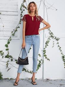 SHEIN LUNE Keyhole Neck Lace Sleeve Top - Burgundy - View 3