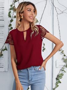 SHEIN LUNE Keyhole Neck Lace Sleeve Top - Burgundy - View 4