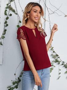 SHEIN LUNE Keyhole Neck Lace Sleeve Top - Burgundy - View 5