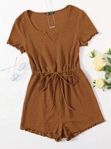 SHEIN EZwear Plus Drawstring Waist Lettuce Edge Romper - Brown - View 1