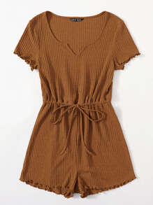 SHEIN EZwear Plus Drawstring Waist Lettuce Edge Romper - Brown - View 4