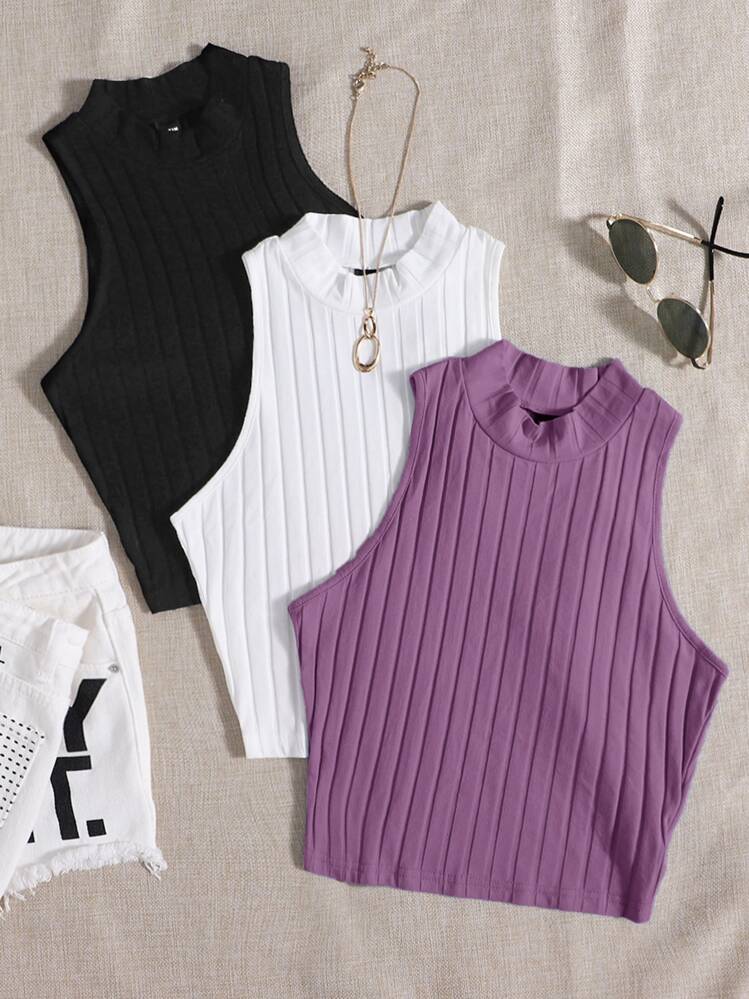 SHEIN Essnce Plus 3pcs Mock Neck Rib-knit Tank Top - Multicolor - View 1