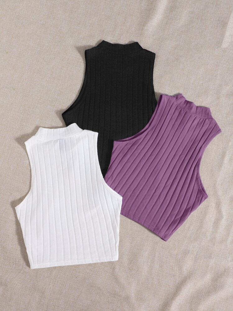 SHEIN Essnce Plus 3pcs Mock Neck Rib-knit Tank Top - Multicolor - View 2