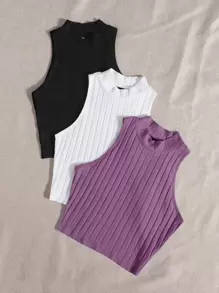 SHEIN Essnce Plus 3pcs Mock Neck Rib-knit Tank Top - Multicolor - View 3