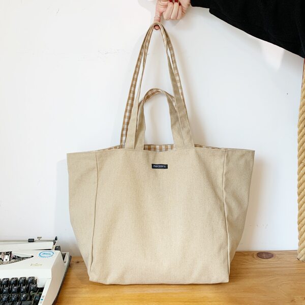 

Reversible Plaid Pattern Tote Bag, Khaki