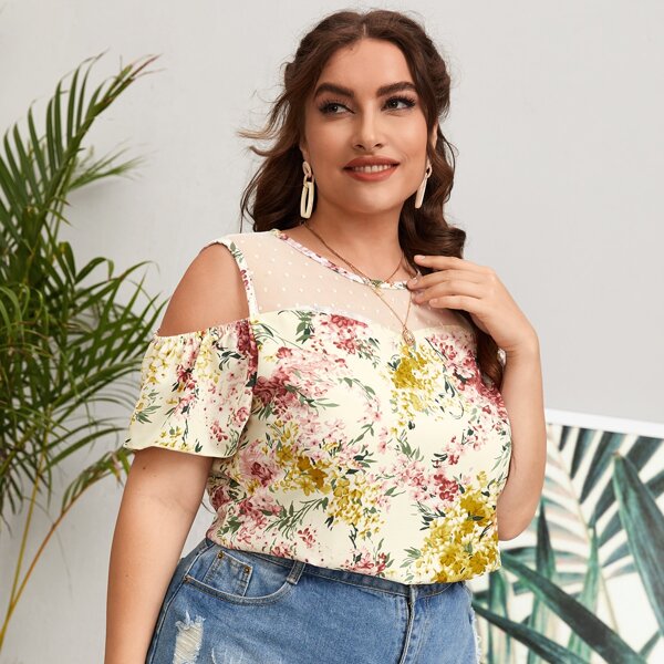 

Plus Floral Print Contrast Dobby Mesh Cold Shoulder Blouse, Apricot