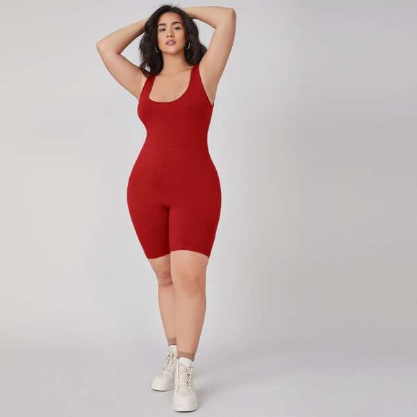 

Plus Scoop Neck Romper, Red