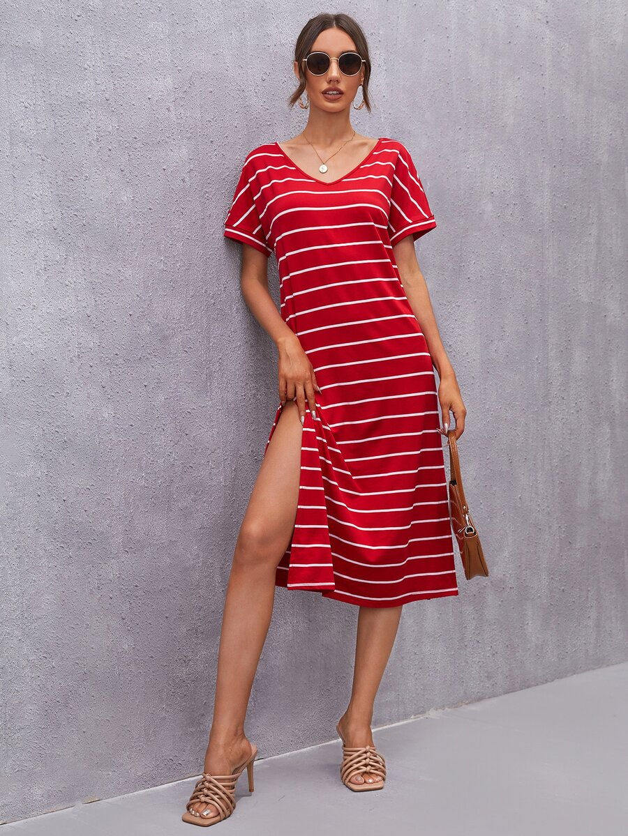 SHEIN 蝙蝠袖開衩條紋T恤連衣裙 - 紅色 - 查看 1