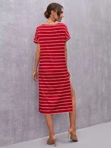 SHEIN 蝙蝠袖開衩條紋T恤連衣裙 - 紅色 - 查看 2