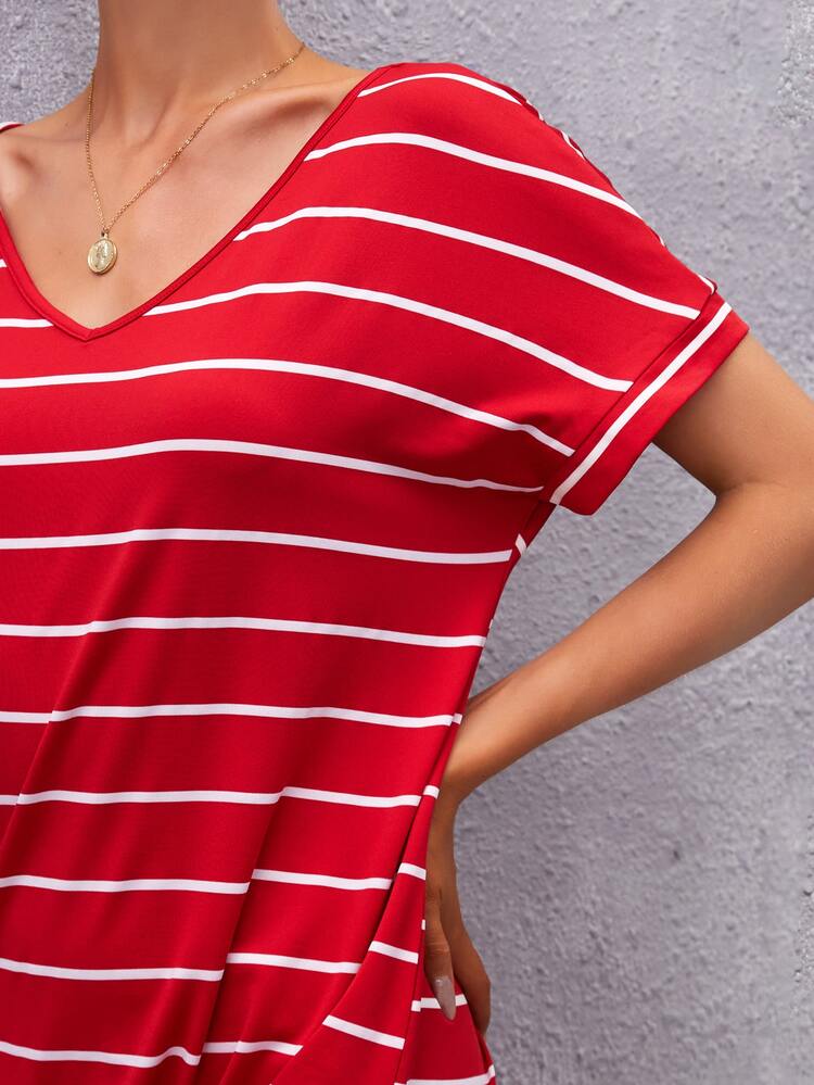 SHEIN Batwing Sleeve Split Thigh Striped Tee Dress - Red - View 3