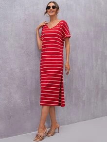 SHEIN 蝙蝠袖開衩條紋T恤連衣裙 - 紅色 - 查看 4