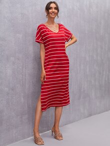 SHEIN 蝙蝠袖開衩條紋T恤連衣裙 - 紅色 - 查看 5