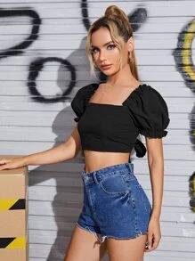 Soleia Frilled Puff Sleeve Tie Backless Top - Black - View 3