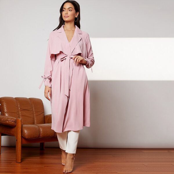 

Lapel Collar Belted Wrap Trench Coat, Baby pink