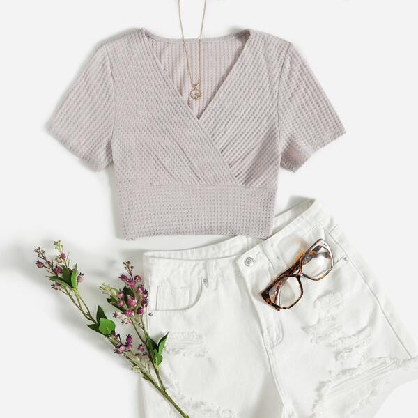 

Waffle Knit Surplice Front Crop Tee, Baby pink