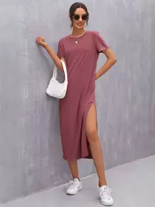 SHEIN LUNE Đầm Tách cao màu trơn Giải trí - Màu Hoa hồng đỏ - View 1