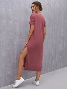 SHEIN LUNE Đầm Tách cao màu trơn Giải trí - Màu Hoa hồng đỏ - View 2
