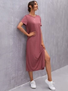 SHEIN LUNE Đầm Tách cao màu trơn Giải trí - Màu Hoa hồng đỏ - View 3