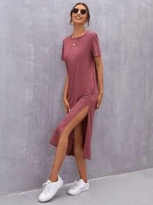 SHEIN LUNE Đầm Tách cao màu trơn Giải trí - Màu Hoa hồng đỏ - View 4