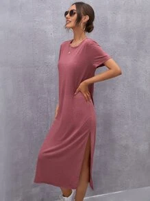SHEIN LUNE Đầm Tách cao màu trơn Giải trí - Màu Hoa hồng đỏ - View 5