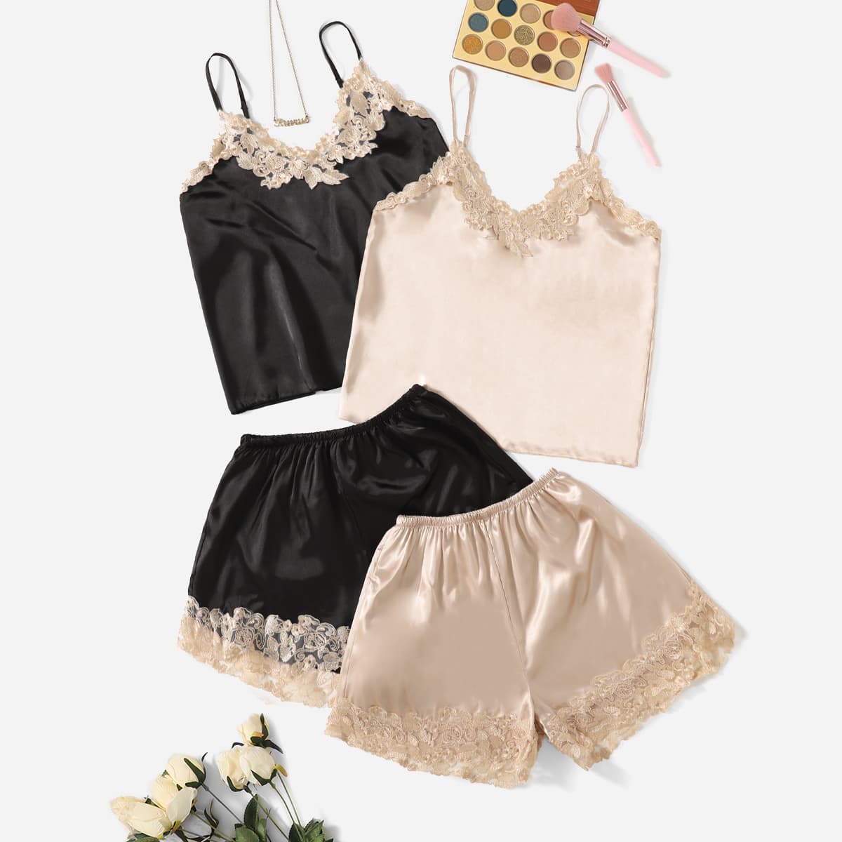 

2sets Lace Trim Satin Cami Top & Shorts, Multicolor