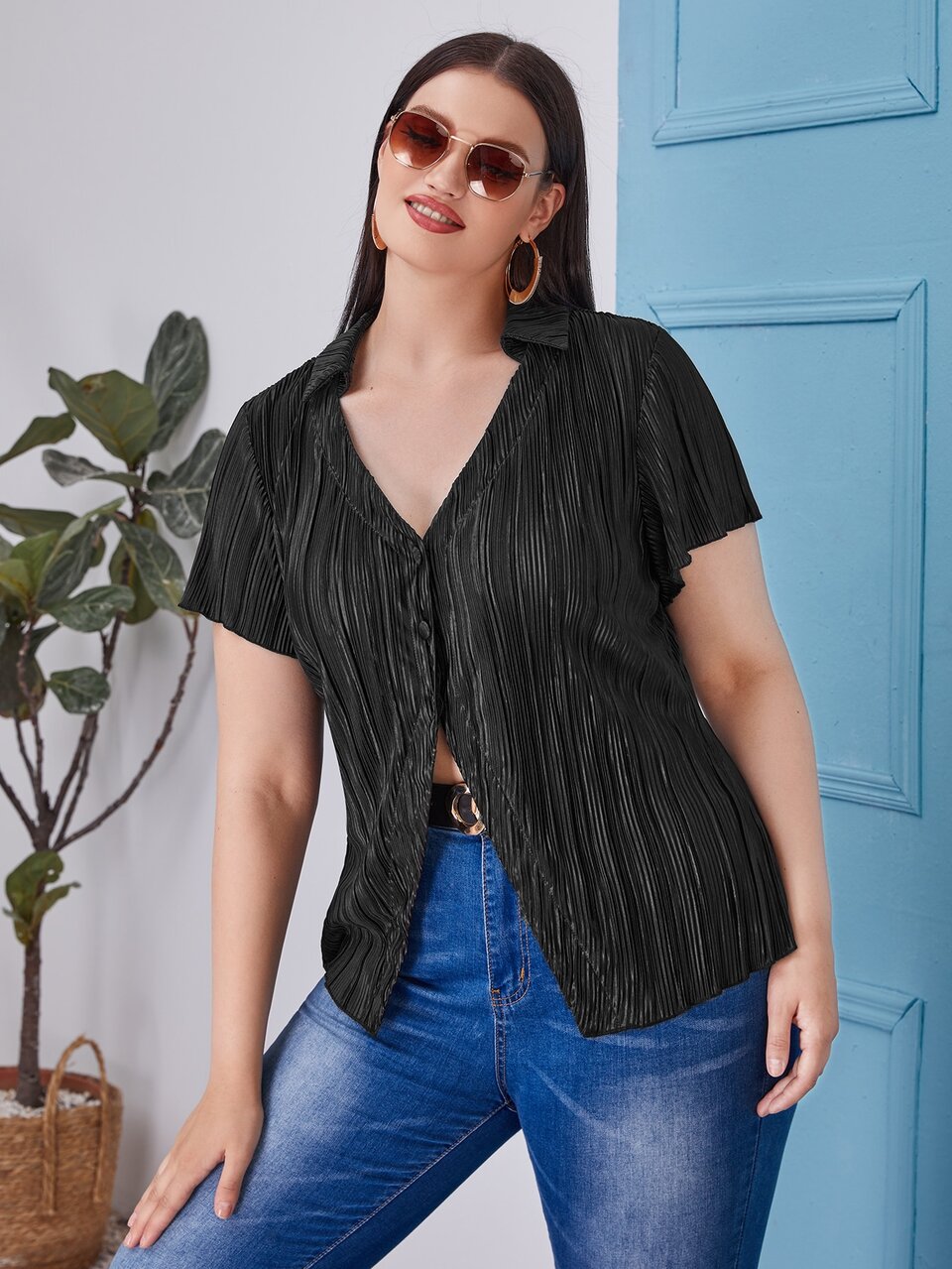 Plus Pleated Velvet Blouse