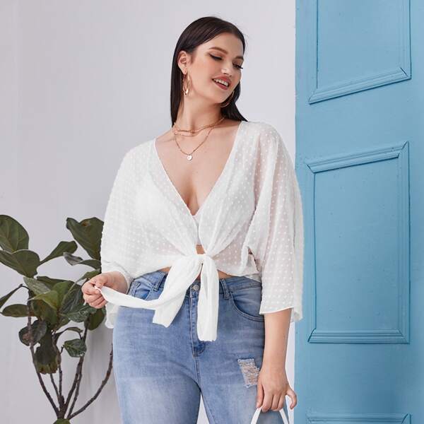

Plus Swiss Dot Dolman Sleeve Tie Front Top Without Bra, White