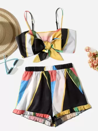 Plus Colour Block Knot Cami Top & Frill Trim Shorts