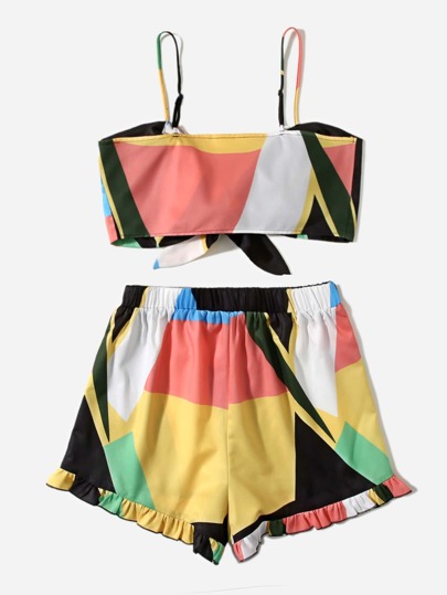 Plus Colour Block Knot Cami Top & Frill Trim Shorts