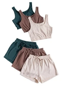 3pack Crop Tank Top & Knot Front Shorts Lounge Set Outfit - Multicolor - View 5