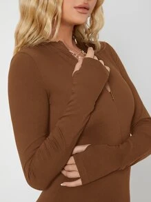 SHEIN Tall 拉鍊素色連身褲 - 咖啡棕 - 查看 3
