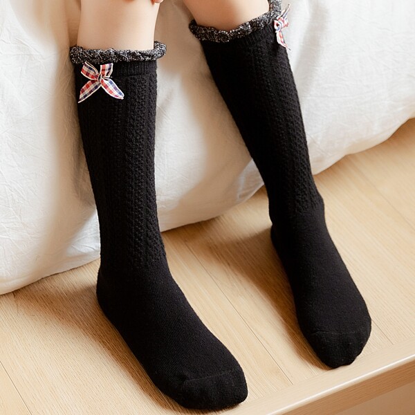

Girls Plaid Bow Decor Over The Calf Socks, Black
