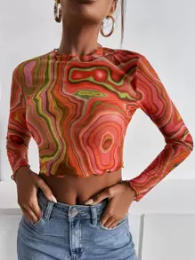 SHEIN ICON Marble Print Lettuce Trim Mesh Top - Multicolor - View 1