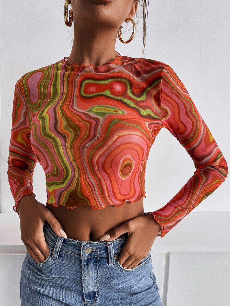 SHEIN ICON Marble Print Lettuce Trim Mesh Top - Multicolor - View 1
