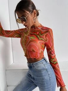 SHEIN ICON Marble Print Lettuce Trim Mesh Top - Multicolor - View 3