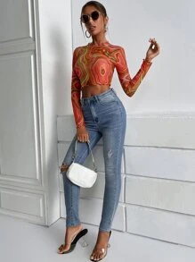 SHEIN ICON Marble Print Lettuce Trim Mesh Top - Multicolor - View 4