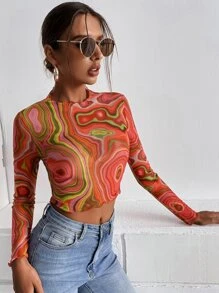 SHEIN ICON Marble Print Lettuce Trim Mesh Top - Multicolor - View 5