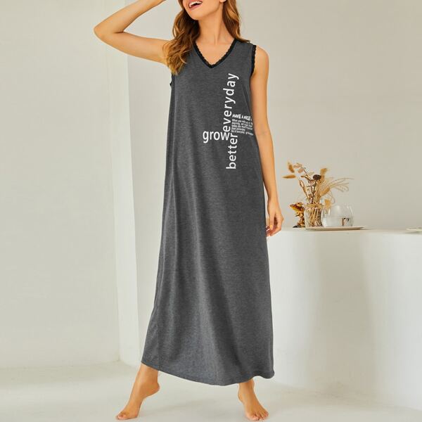 

Slogan Graphic Tank Nightdress, Dark grey