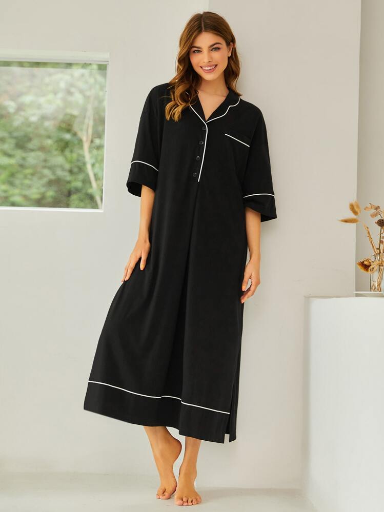 SHEIN Unity Camisón con botones a la mitad y ribete de contraste, vestido de dormir Moo Moo, otoño, invierno - Negro - Añade 1