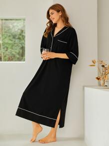 SHEIN Unity Half Button Contrast Piping Nightdress, Moo Moo Sleep Dress, Fall, Winter - Black - View 3