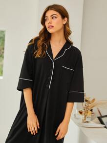SHEIN Unity Half Button Contrast Piping Nightdress, Moo Moo Sleep Dress, Fall, Winter - Black - View 4