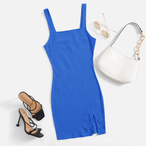 

Split Hem Rib-knit Dress, Royal blue
