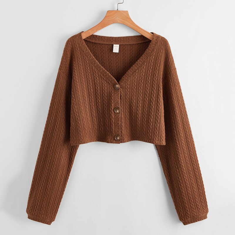 

Cable Knit Button Front Cardigan, Brown