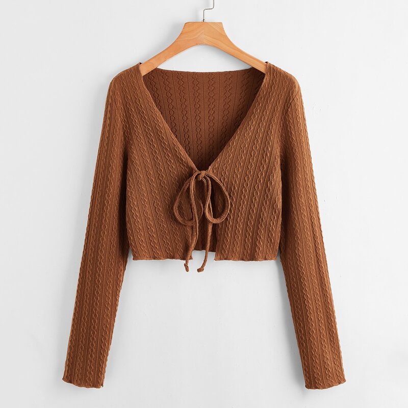 

Cable Knit Tie Front Cardigan, Brown