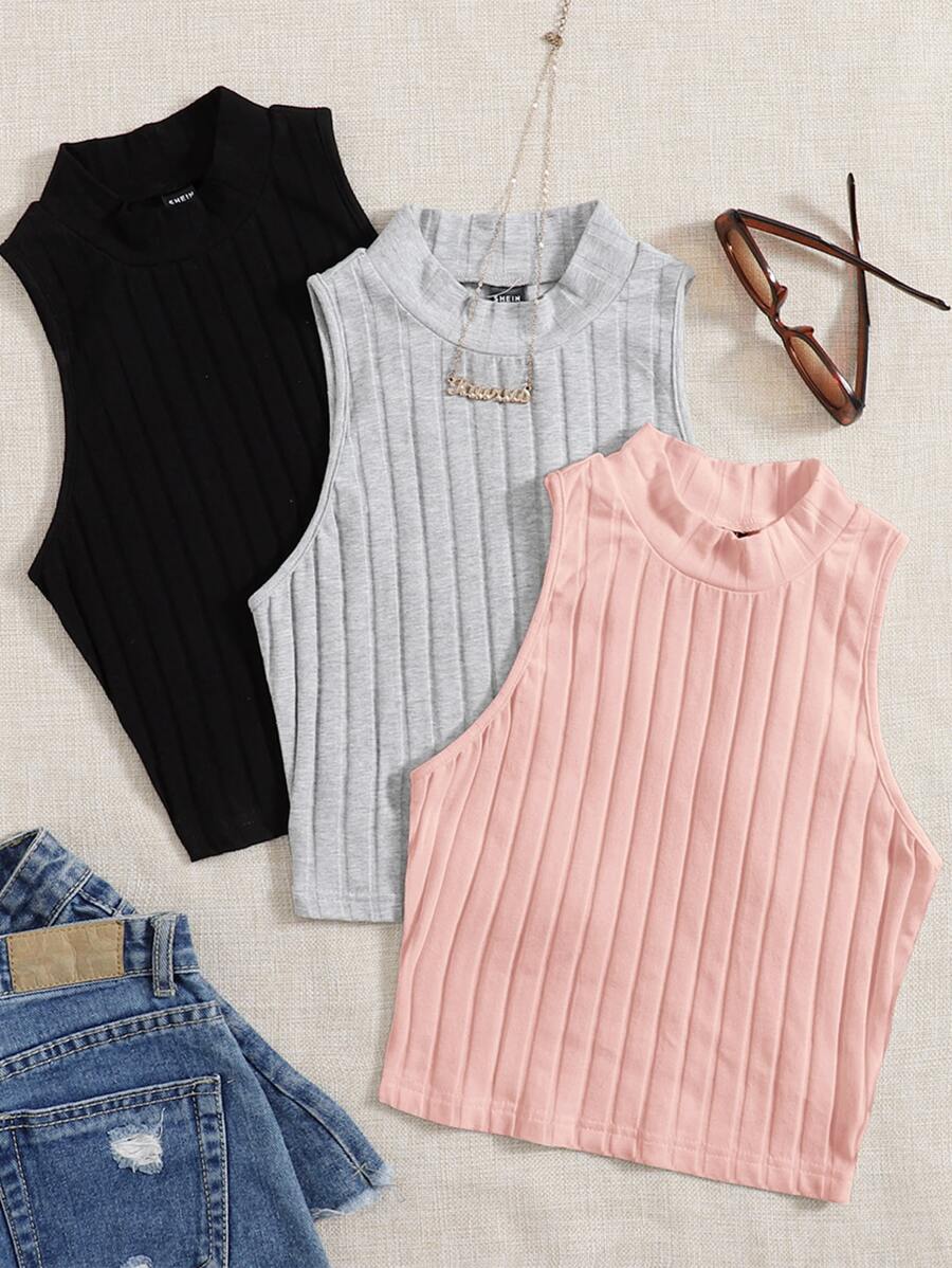 SHEIN EZwear 3 Pack Mock Neck Rib-knit Tank Top - Multicolor - View 1