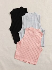 SHEIN EZwear 3 Pack Mock Neck Rib-knit Tank Top - Multicolor - View 2