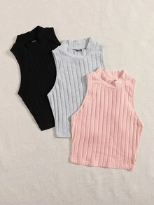 SHEIN EZwear 3 Pack Mock Neck Rib-knit Tank Top - Multicolor - View 4