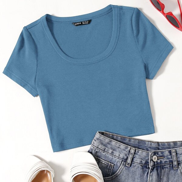 

Rib-knit Solid Tee, Dusty blue