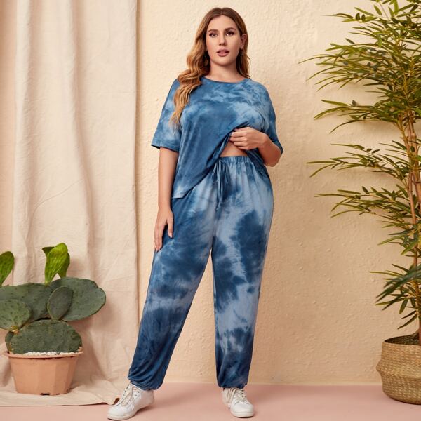 

Plus Tie Dye Drop Shoulder Tee & Sweatpants, Dusty blue